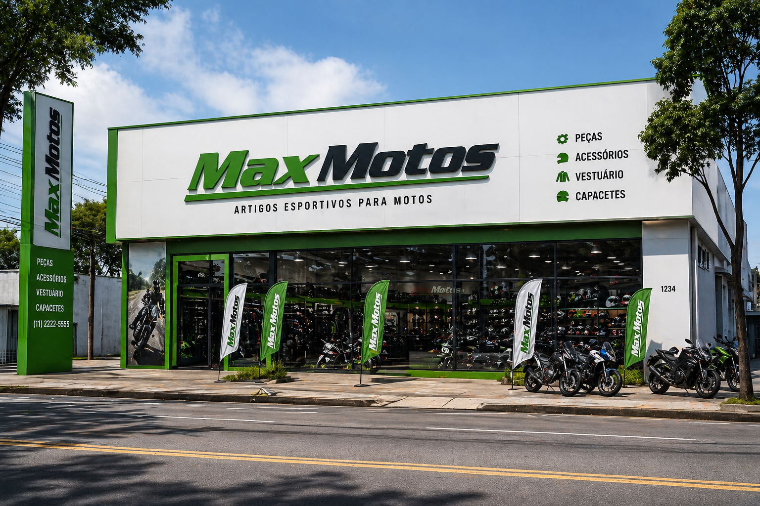 Fachada da loja MaxMotos — artigos esportivos para motos