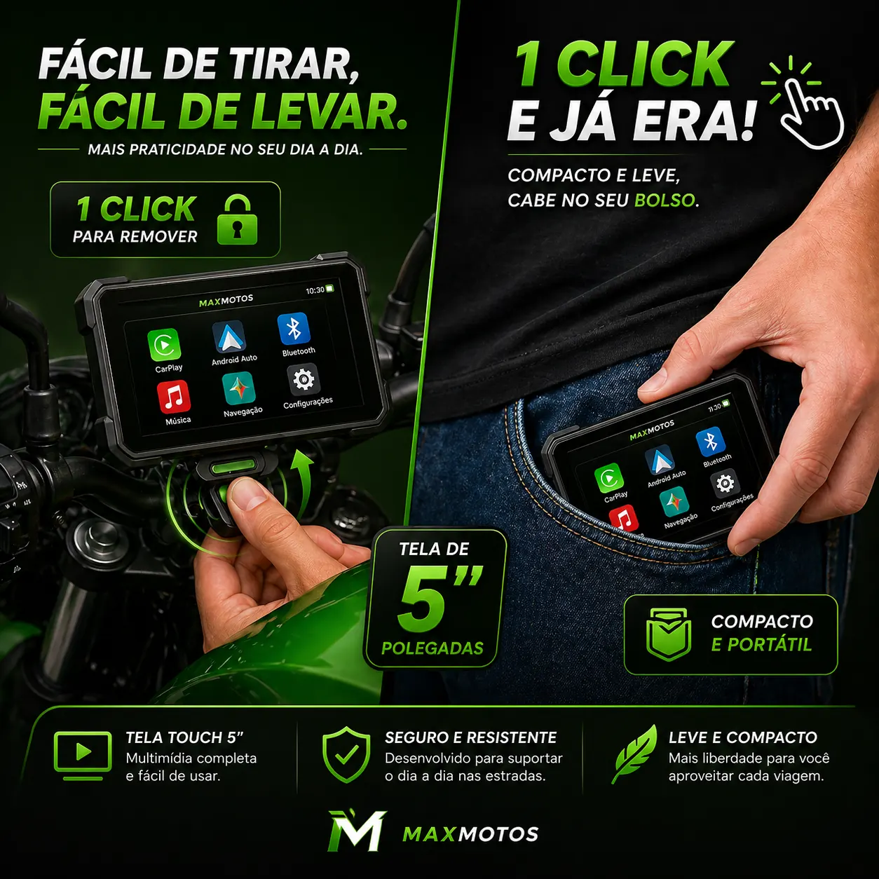 Multimídia MaxMotos: fácil de tirar, compacto e portátil